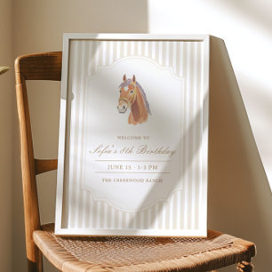 Neutral Brown Stripe Horse Birthday Welcome Sign