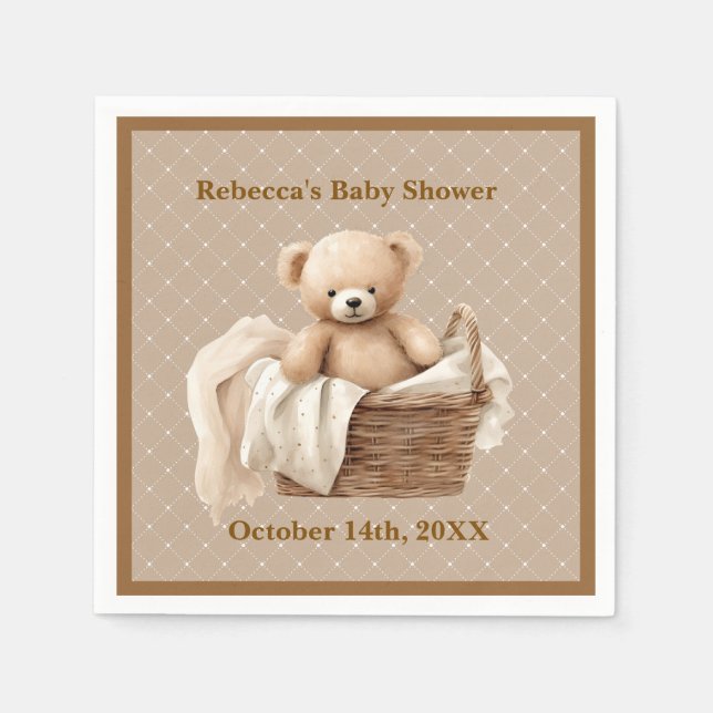 Neutral Brown Teddy Bear Baby Shower Paper Napkin (Front)