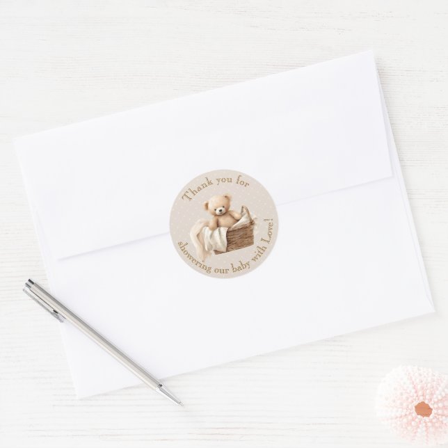 Neutral Brown Teddy Bear Baby Shower Thank You Classic Round Sticker (Envelope)