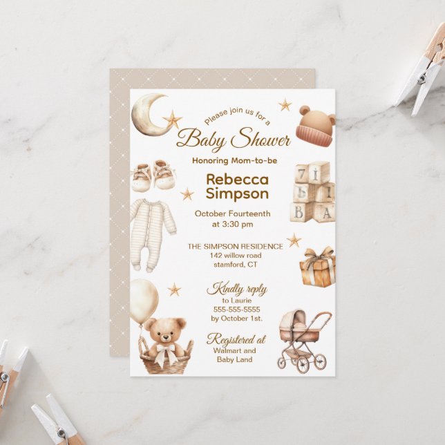 Neutral Brown Teddy Bear Clothes,Gifts-Baby Shower Invitation (Front/Back In Situ)