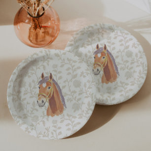 Neutral Brown Toile Horse Birthday Paper Plate