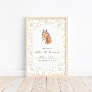 Neutral Brown Toile Horse Birthday Welcome Sign