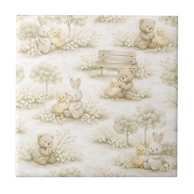 Neutral Bunny Bear Picnic Floral Garden (2) Tile (Front)