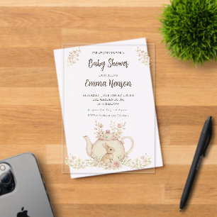 Neutral Bunny & Floral Teapot Baby Shower  Acrylic Invitations