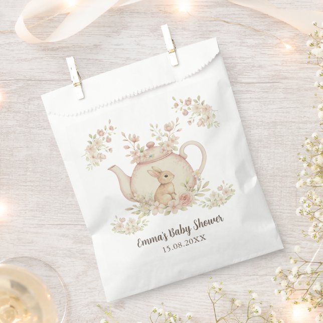 Neutral Bunny & Floral Teapot Baby Shower  Favour Bags (Clipped)