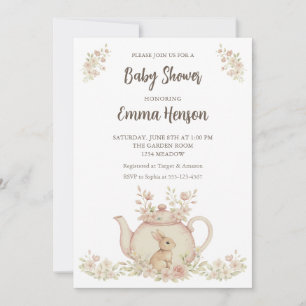 Neutral Bunny & Floral Teapot Baby Shower Invitation