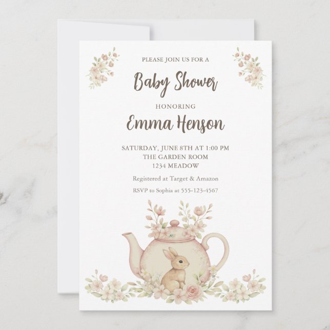Neutral Bunny & Floral Teapot Baby Shower  Invitation (Front)