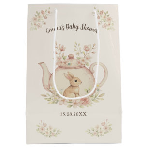 Neutral Bunny & Floral Teapot Baby Shower Medium Gift Bag