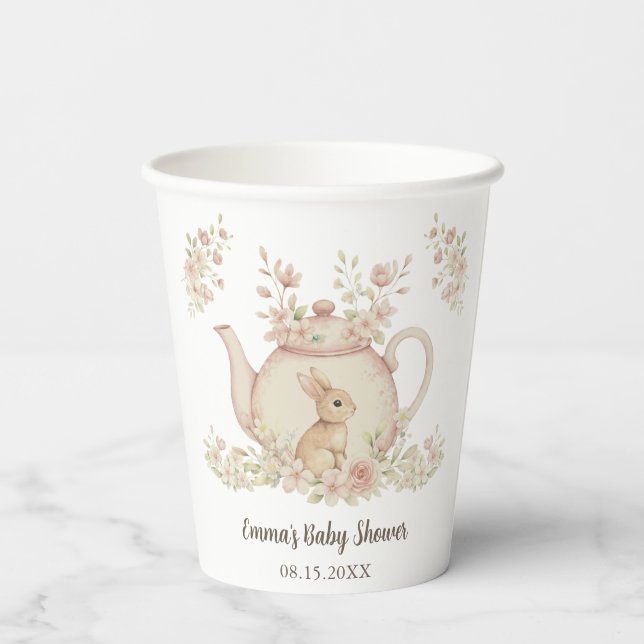 Neutral Bunny & Floral Teapot Baby Shower  Paper Cups (Back)