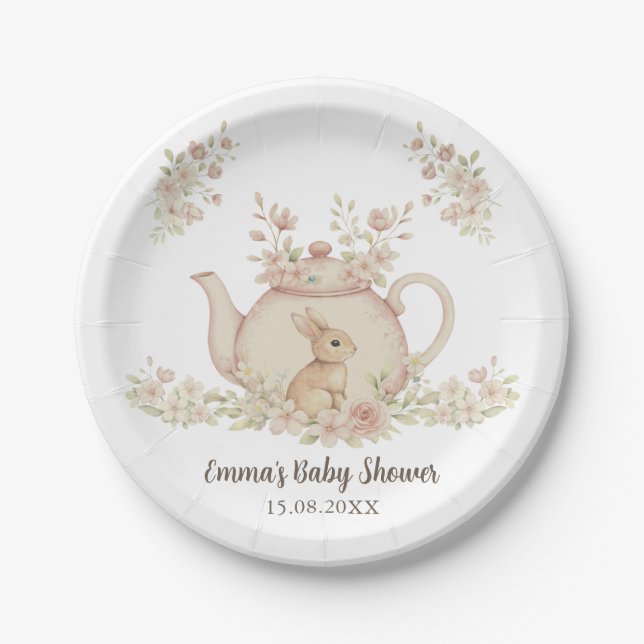 Neutral Bunny & Floral Teapot Baby Shower  Paper Plate (Front)