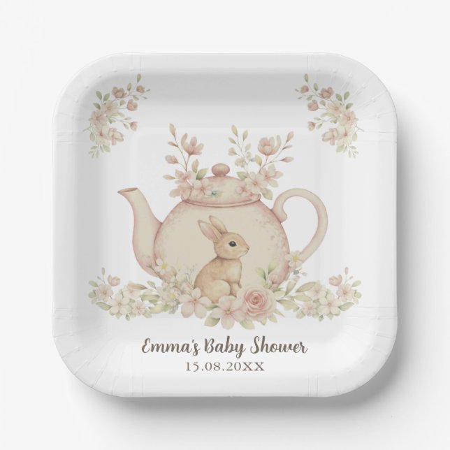 Neutral Bunny & Floral Teapot Baby Shower  Paper Plate (Front)