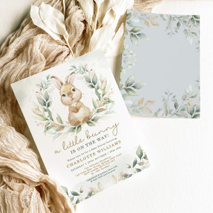 Neutral Bunny Rabbit Greenery Gold Baby Shower Invitation