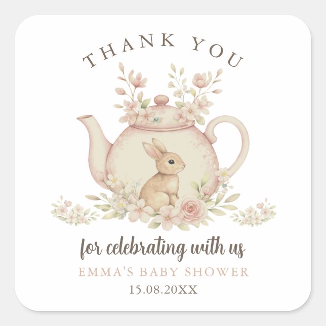 Neutral Bunny Tea Party Baby Shower Thank You  Square Sticker (Front)