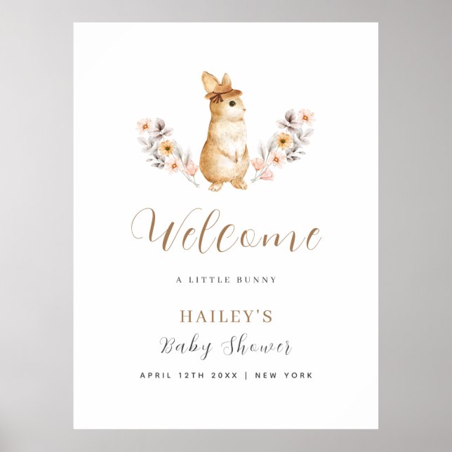 Neutral Bunny Wildflower Welcome Baby Shower  Poster (Front)
