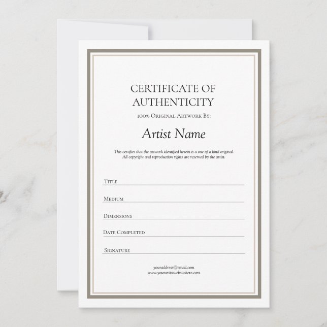 Neutral Certificate of Authenticity for Art Thank You Card (Front)