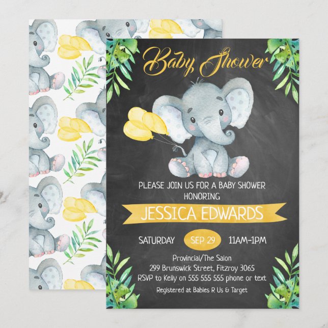 Neutral Chalkboard Elephant Baby Shower Invitation (Front/Back)