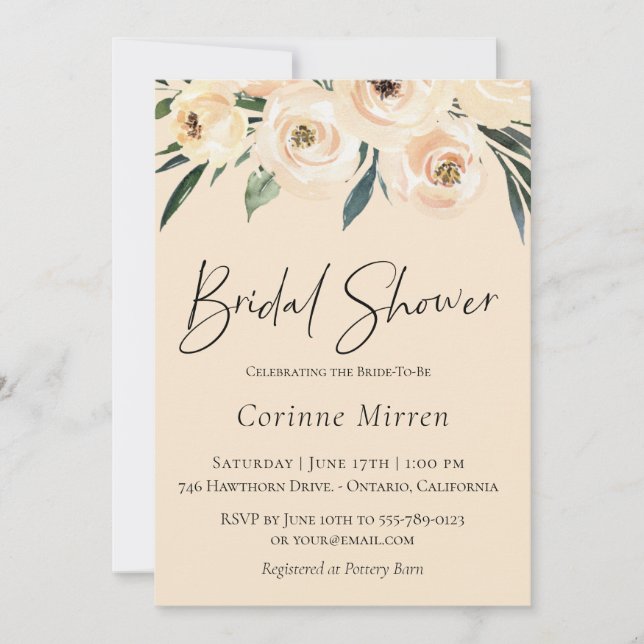 Neutral Champagne Floral Bridal Shower Invitation (Front)