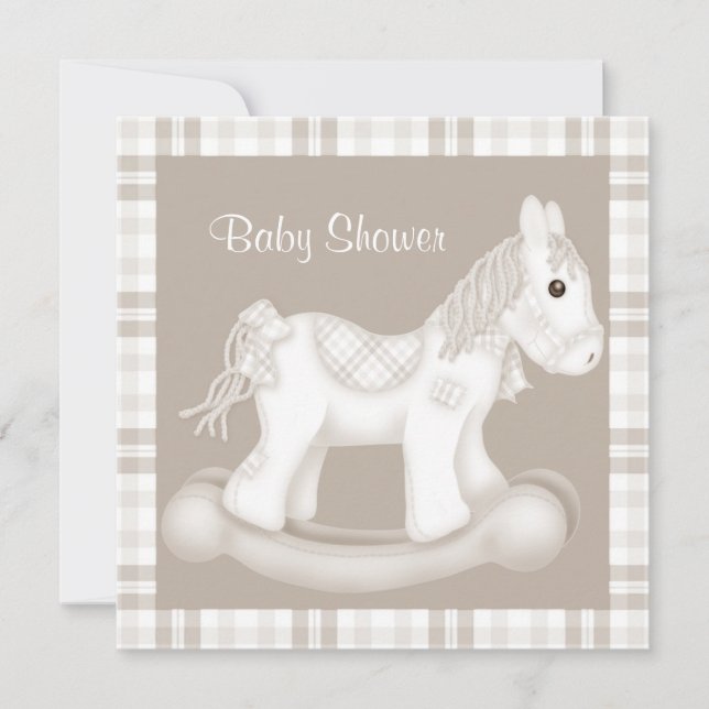 NEUTRAL CHECK ROCKING HORSE BABY SHOWER INVITATION (Front)