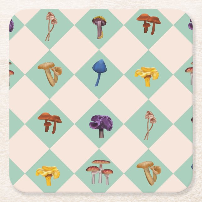 Neutral checks with assorted fungi square paper coaster (Front)