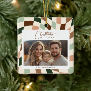 Neutral Chequered Photo Christmas Ceramic Ornament