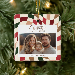 Neutral Chequered Photo Christmas Ceramic Ornament