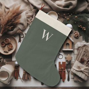 Neutral Christmas Farmhouse Moss Green Monogram Large Christmas Stocking