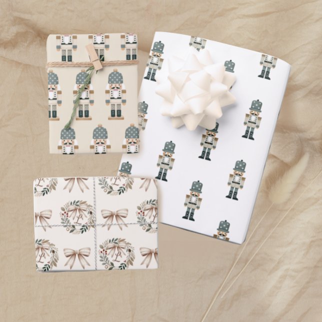Neutral Christmas Nutcracker Monogram Wrapping Paper Sheet (Creator Uploaded)