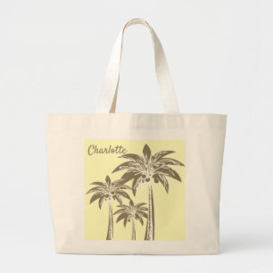 Neutral Coastal Palm Tree Brown Pastel Yellow Name Large Tote Bag