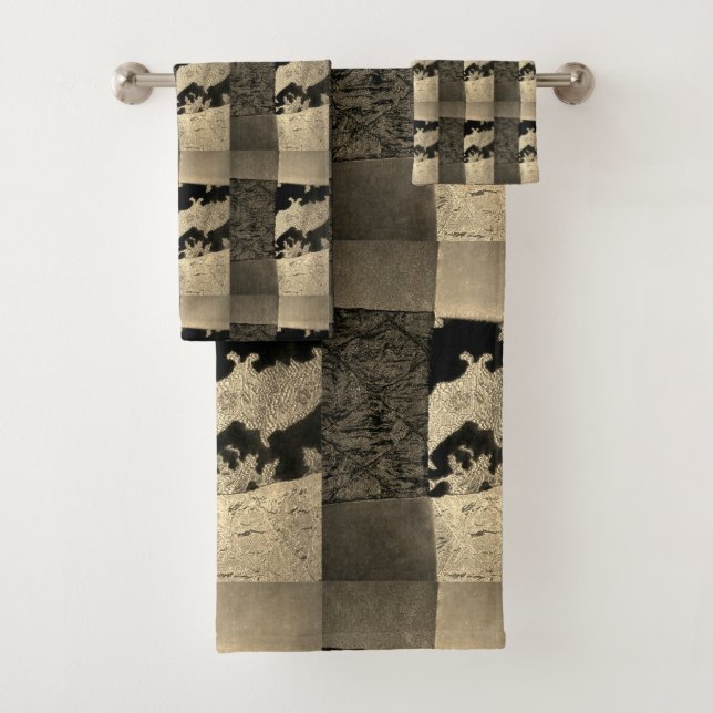 Neutral Colour Velvet Patchwork Image Bath Towel Set (Insitu)