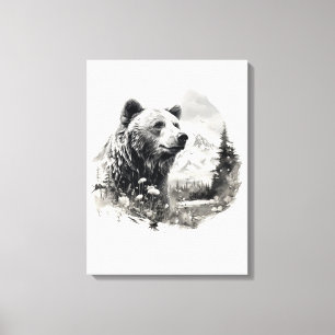 Neutral colours Watercolor bear in the forest Canvas Print