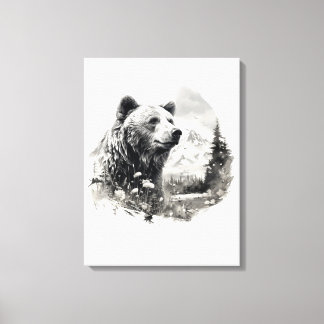 Neutral colours Watercolor bear in the forest Canvas Print