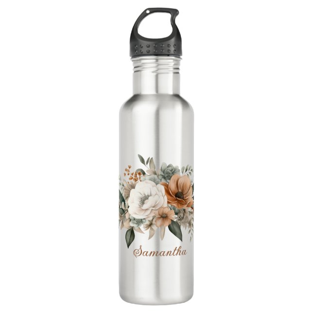 Neutral Colours White Beige Blue Greenery Floral  710 Ml Water Bottle (Front)