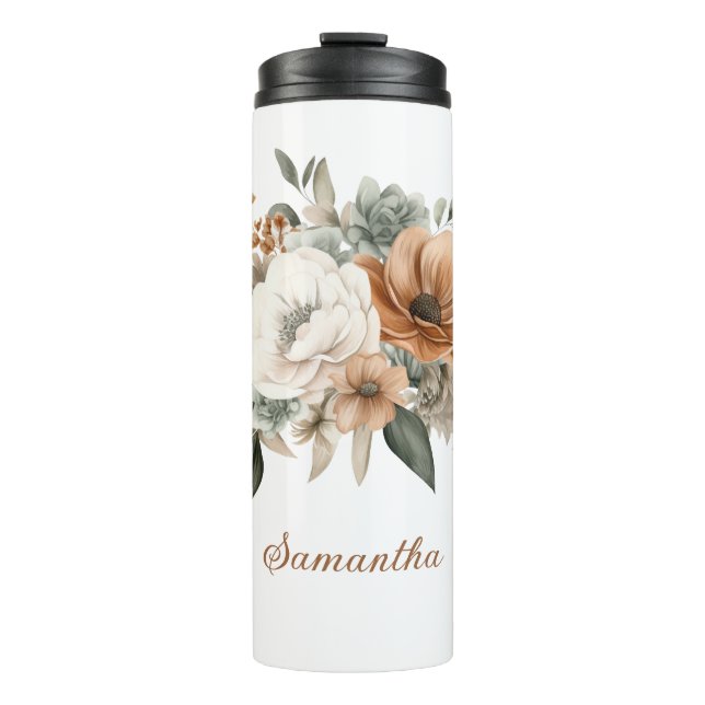 Neutral Colours White Beige Blue Greenery Floral  Thermal Tumbler (Front)