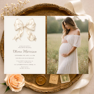 Neutral Coquette Bow Photo Baby Shower Invitation