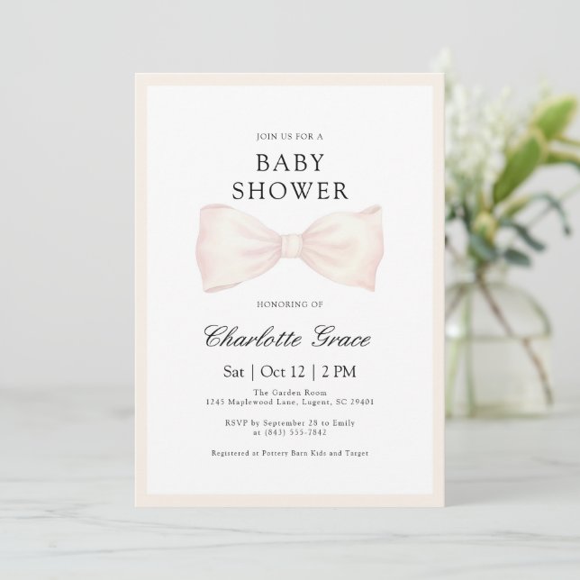 Neutral Cream Bow Baby Shower Invitation (Standing Front)