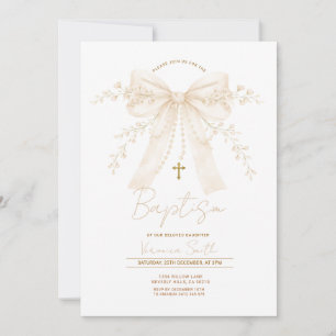 Neutral Cream Bow Cross Baptism Christening Invitation