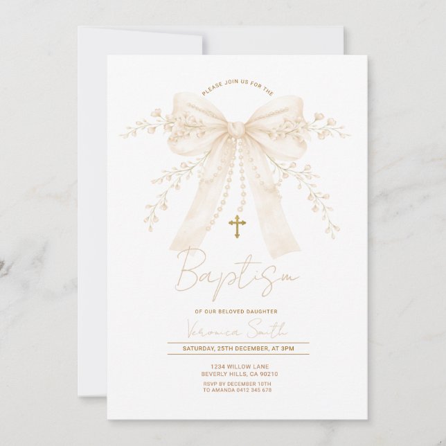 Neutral Cream Bow Cross Baptism Christening Invitation (Front)