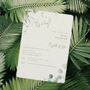 Neutral Cream & Greenery It's a Boy Baby Shower Invitation