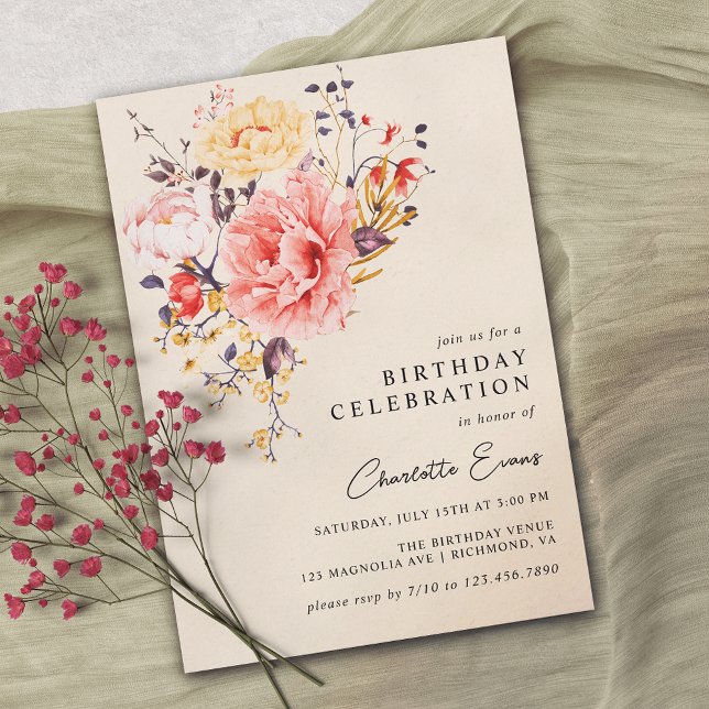 Neutral Cream Rustic Floral Any Age Adult Birthday Invitation (Creator Uploaded)