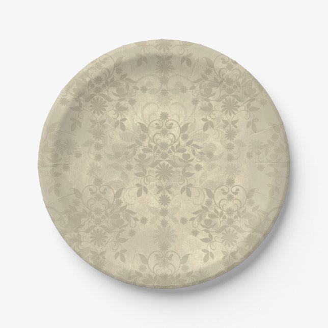 Neutral Cream Tan Double Damask Pattern Paper Plate (Front)