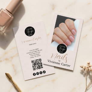 Neutral Cream Tan Logo QR Code Photo Nail Salon Business Card