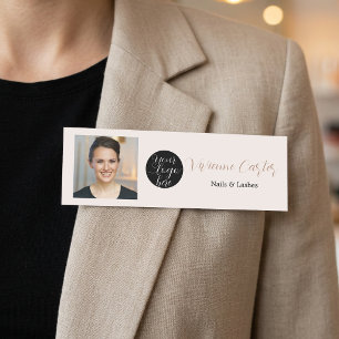 Neutral Cream Tan Script Logo Photo Nail Salon Name Tag