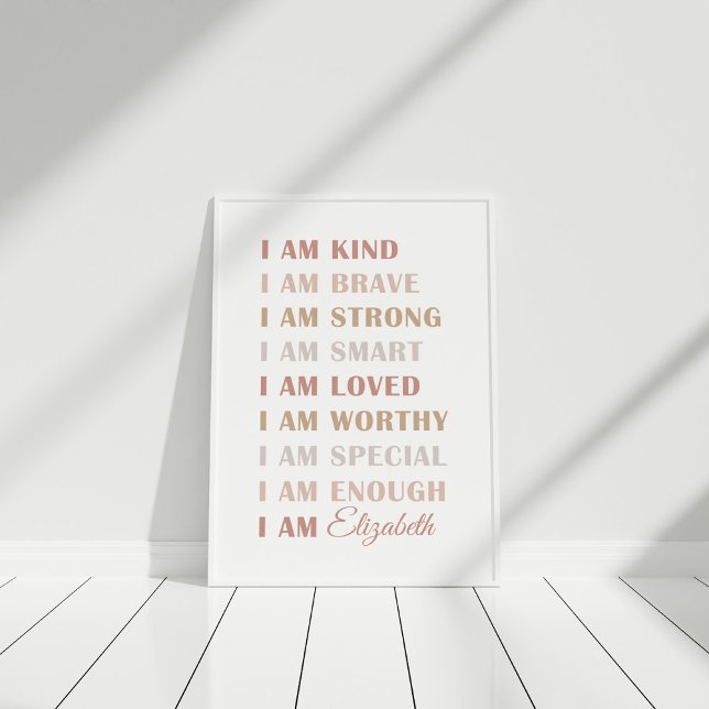 Neutral Custom Name Affirmation Kids  Poster (Custom name affirmation poster for girls in white frame)