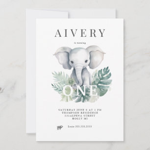 Neutral Cute Elephant First Birthday Invitation