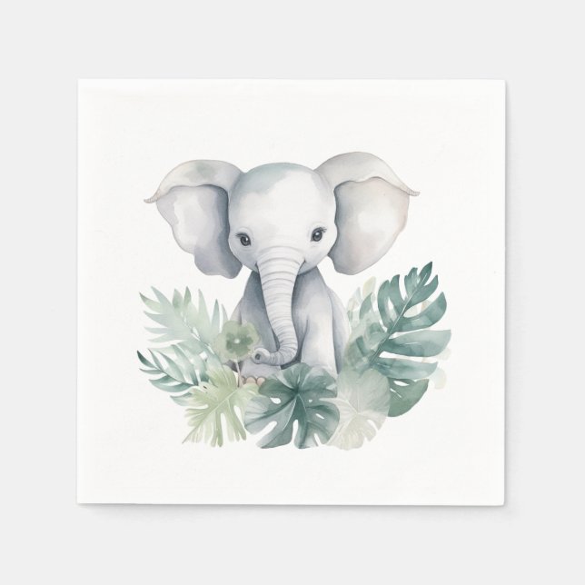 Neutral Cute Elephant First Birthday Napkin (Front)