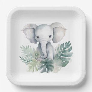 Neutral Cute Elephant First Birthday Paper Plate