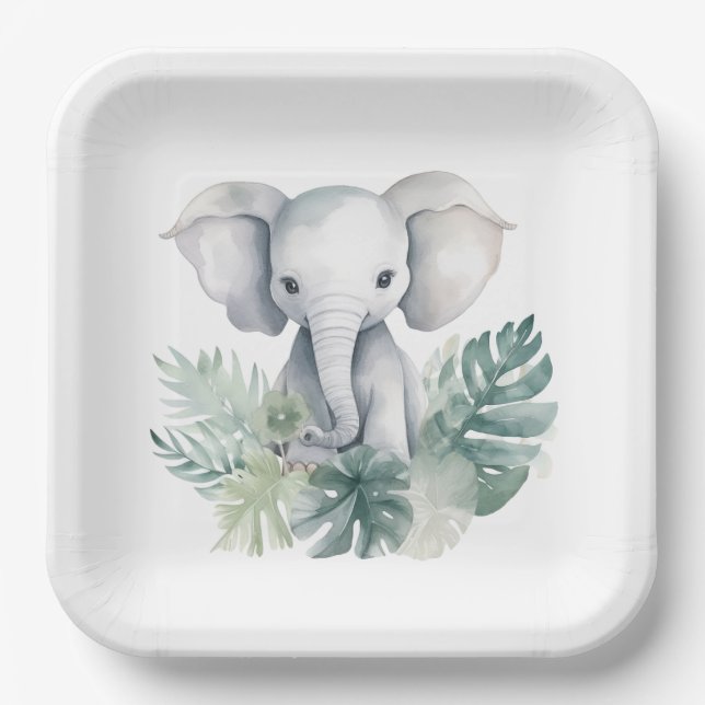 Neutral Cute Elephant First Birthday Paper Plate (Front)