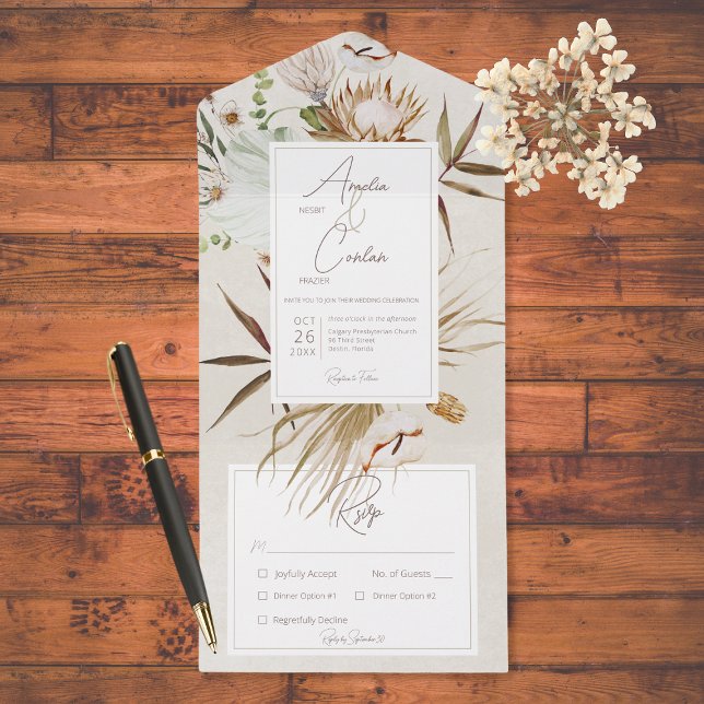 Neutral Dried Boho Floral Frame Cream Dinner All In One Invitation (Creator Uploaded)