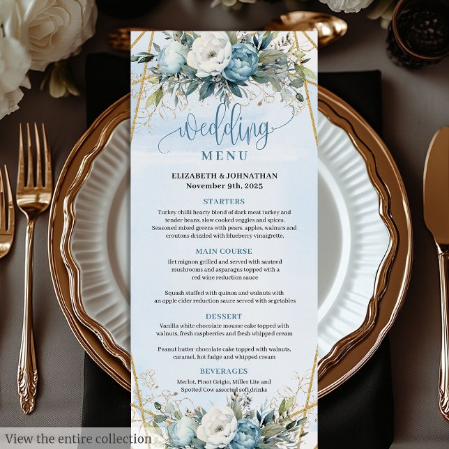 Neutral Dusty Blue Greenery Gold Glitter Wedding   Menu (Neutral Dusty Blue Greenery Gold Glitter Wedding Menu)