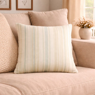 Neutral Dusty Blue Striped Rustic Farmhouse Cushion